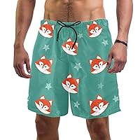Cute Foxes Head and Stars Quick Dry Swim Trunks Men's Swimwear Bathing Suit Mesh Lining Board Shorts with Pocket, L