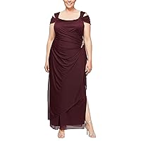 Alex Evenings Women's Plus Size Long Cold Shoulder Dress with Ruched Skirt