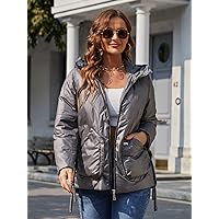 2022 Women's Plus Size Coats Fashion Plus Letter Patched Detail Zipper Hooded Puffer Coat Work Leisure Fashion Comfortable Warm (Color : Dark Grey, Size : X-Large)