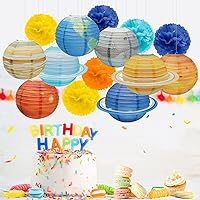 12 Inch Multi-Color Solar System Planets Lanterns, 9 Inch Paper Flowers for Space Theme Birthday Parties Home Festival Decorations
