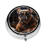 French Bulldog is Reading a Book Print Round Pill Box Cute Mini Metal Pill Case with 3 Compartment Portable Travel Pillbox Medicine Organizer for Pocket Wallet