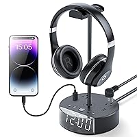 Headphone Stand with Alarm Clock, Gaming Headphone Stand for Desk,Headphone Holder with 2 USB Charging Ports and 2 Power Outlets,Headset Stand Suitable for All Earphone Accessories