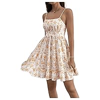 Verdusa Women's Floral Print Ruched Sleeveless Ruffle Hem A Line Swing Cami Dress