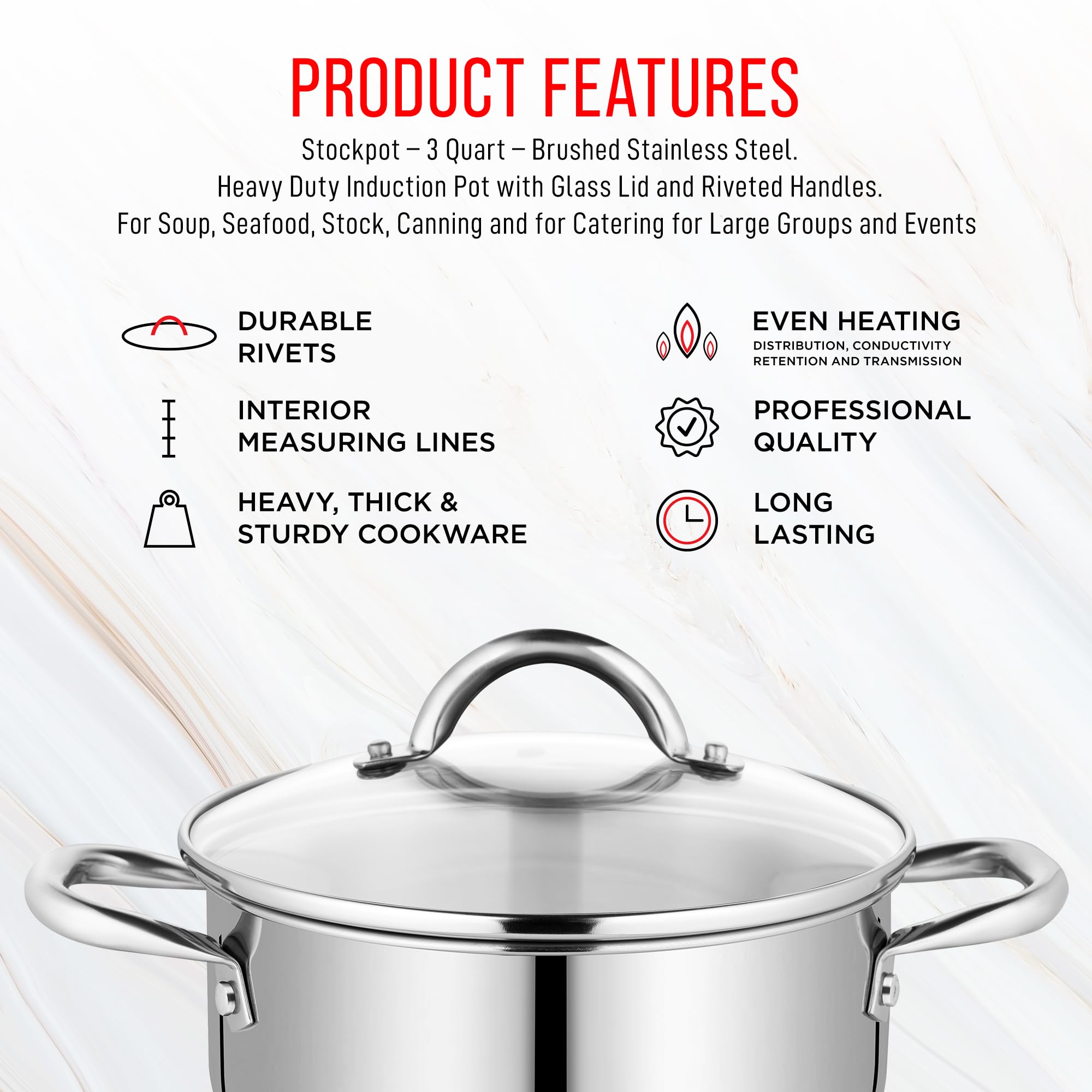 Bakken-Swiss Deluxe 3-Quart Stainless Steel Stockpot w/Tempered Glass See-Through Lid - Simmering Delicious Soups Stews & Induction Cooking - Exceptional Heat Distribution - Heavy-Duty & Food-Grade