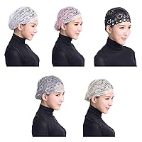 5 Pack Womens Muslim Inner Hijab Caps Shiny Lace Head Cover Stretch Beanie Turban Hat Chemo Cap Headwrap Cover