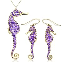 Gold Plated Sterling Silver Seahorse Jewelry Set Handmade Polymer Clay Necklace and Drop Earrings, 20