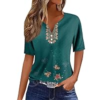 Button Down Henley Shirt for Women,Womens Tops V Neck Henley Button Sequin Floral Print Y2K Tee Shirts Fashion Button Down Boho Hawaiian Blouse Plus Size Outfits for Curvy Women