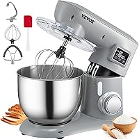 VEVOR Stand Mixer, 450W Electric Dough Mixer with 6 Speeds LCD Screen Timing, Tilt-Head Food Mixer with 7.4Qt Stainless Steel Bowl, Dough Hook, Flat Beater, Whisk, Scraper, Splash-Proof Cover - Metal