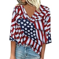Fourth of July Shirt 2024 for Women, 3/4 Sleeve Summer Tops Ladies V-Neck Tshirt Floral Print Sexy Daily Blouse Casual Tunic