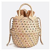 TJLSS Rattan Women Handbags Wicker Woven Lady tote bag Summer Beach Straw bag Casual Bucket Purse (Color : Argento, Size : 20x20)