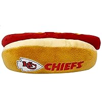 Pets First NFL Kansas City Chiefs HOT Dog Plush Dog & CAT Squeak Toy - Cutest HOT-Dog Snack Plush Toy for Dogs & Cats with Inner Squeaker & Beautiful Football Team Name/Logo 8 x 5 x 3 Inches