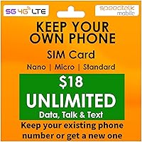 $18 Wireless Plan | Unlimited Talk & Text + Data | 30 Days Wireless Service Cell Plan for 5G/4G LTE Smart Phones and Cellphones | Triple Cut (Mini, Micro, Nano) 3 in 1 GSM Sim Card