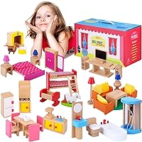 Premium Wooden Dollhouse Furniture Set – 49-Piece Kit, 7 Rooms, 1:12 Scale – Doll House Bathroom, Dining Room, Master Bedroom, Kids & Baby Rooms, Full Kitchen, Living Room, Doghouse
