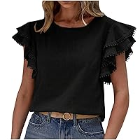 Womens Summer Tops Round Neck Double Ruffle Short Sleeve T Shirts Dressy Casual Loose Fit Blouse Plain Tunic Top