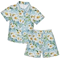 visesunny Toddler Boys 2 Piece Outfit Button Down Shirt and Short Sets White and Blue Daisy Boy Summer Outfits