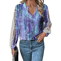 2024 Long Sleeve Sexy Women’s Tops Casual Loose V Neck T-Shirt Cute Printed Lace Sleeve Tunic Top