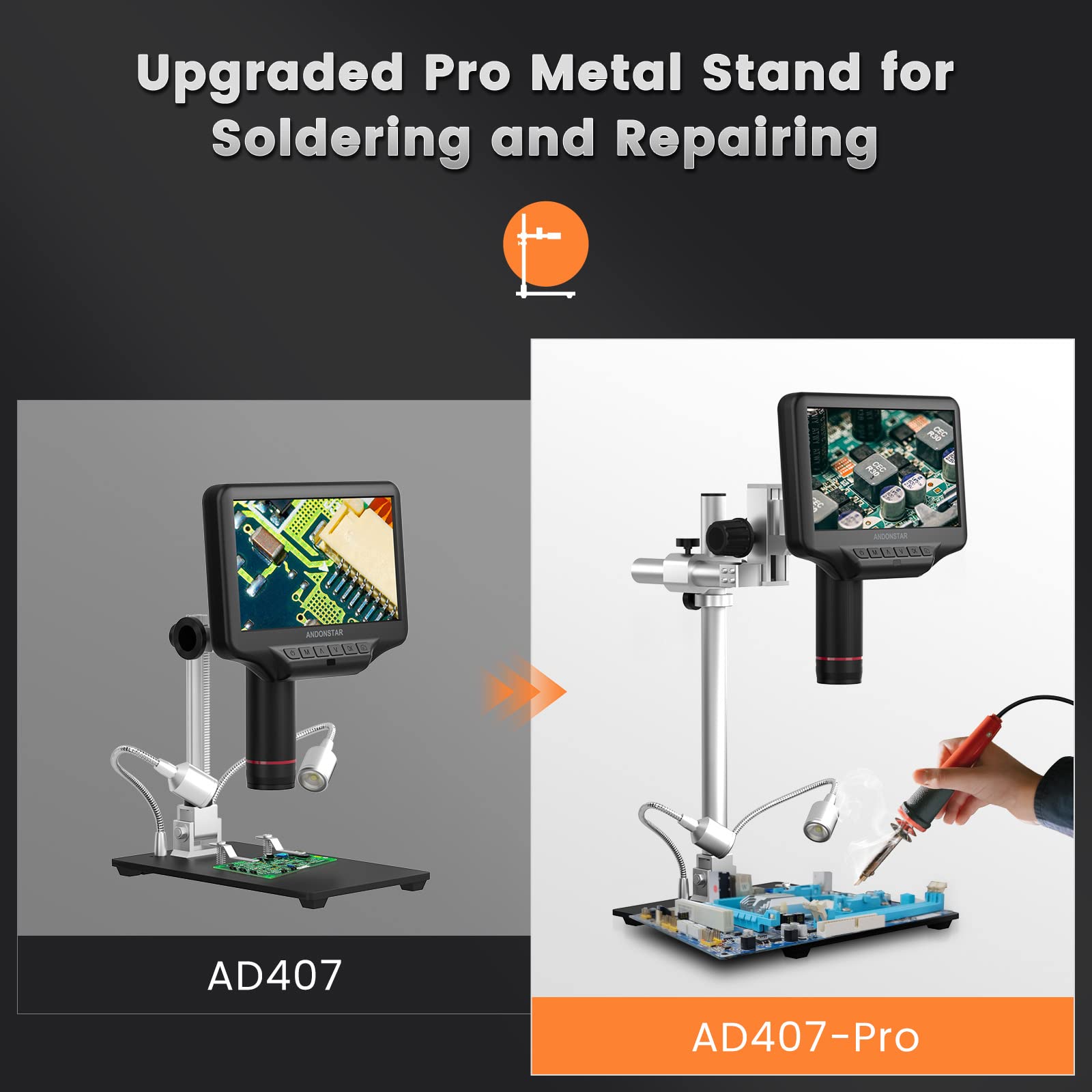 Andonstar AD407 Pro 3D HDMI Soldering Digital Microscope, 4MP 2160P UHD Video Record, 7 inch Adjustable LCD Screen USB Video Electronic Microscopes for Repairing, Circuit Board, SMT SMD DIY
