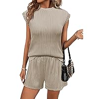 Pink Queen Two Piece Short Set For Women Crew Neck Cap Sleeve Textured Top And Shorts Casual Lounge Set