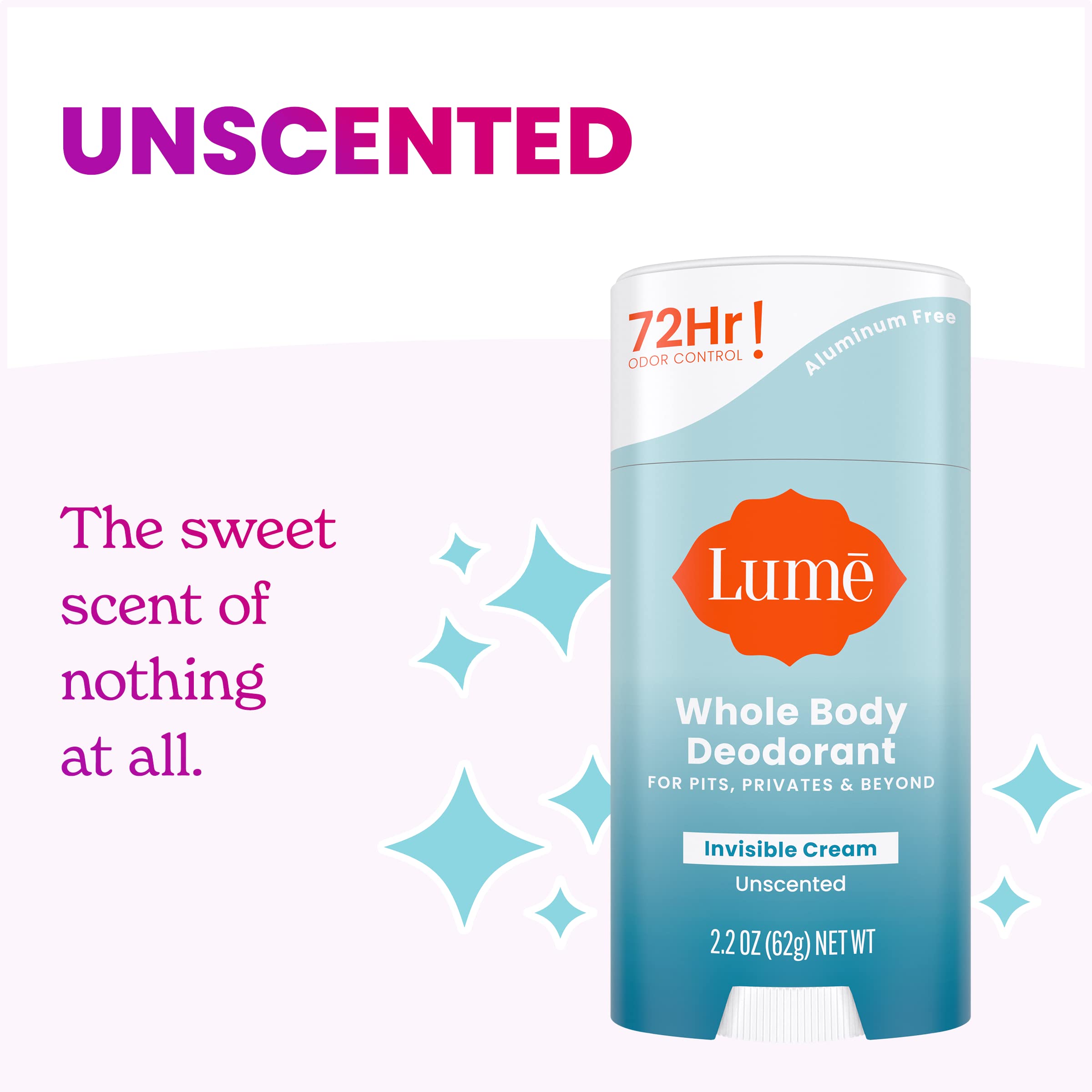 Lume Whole Body Deodorant - Invisible Cream Stick - 72 Hour Odor Control - Aluminum Free, Baking Soda Free, Skin Safe - 2.2 ounce (Unscented)