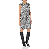 London Times Women's Extended Cap Sleeve Belted Career Polished Pattern Dress