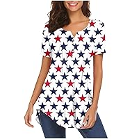 4Th of July Shirts, Women's Summer Tops Casual Fashion Short Sleeve V Neck T-Shirts Oversized American Flag Print Tops
