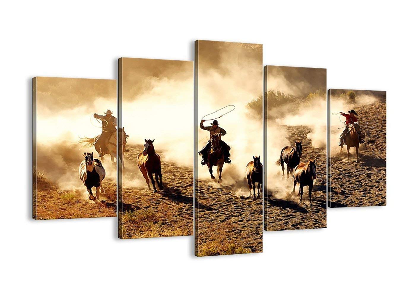 5 Piece Vintage Abstract Horses Running in the Desert Painting Retro Canvas Cowboy Wall Art Horse Prints Framed Ready to Hang Giclee Prints Fine Ar...
