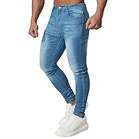HUNGSON Men's Blue Slim Fit Jeans Stretch Destroyed Ripped Skinny Jeans Side Striped Denim Pants