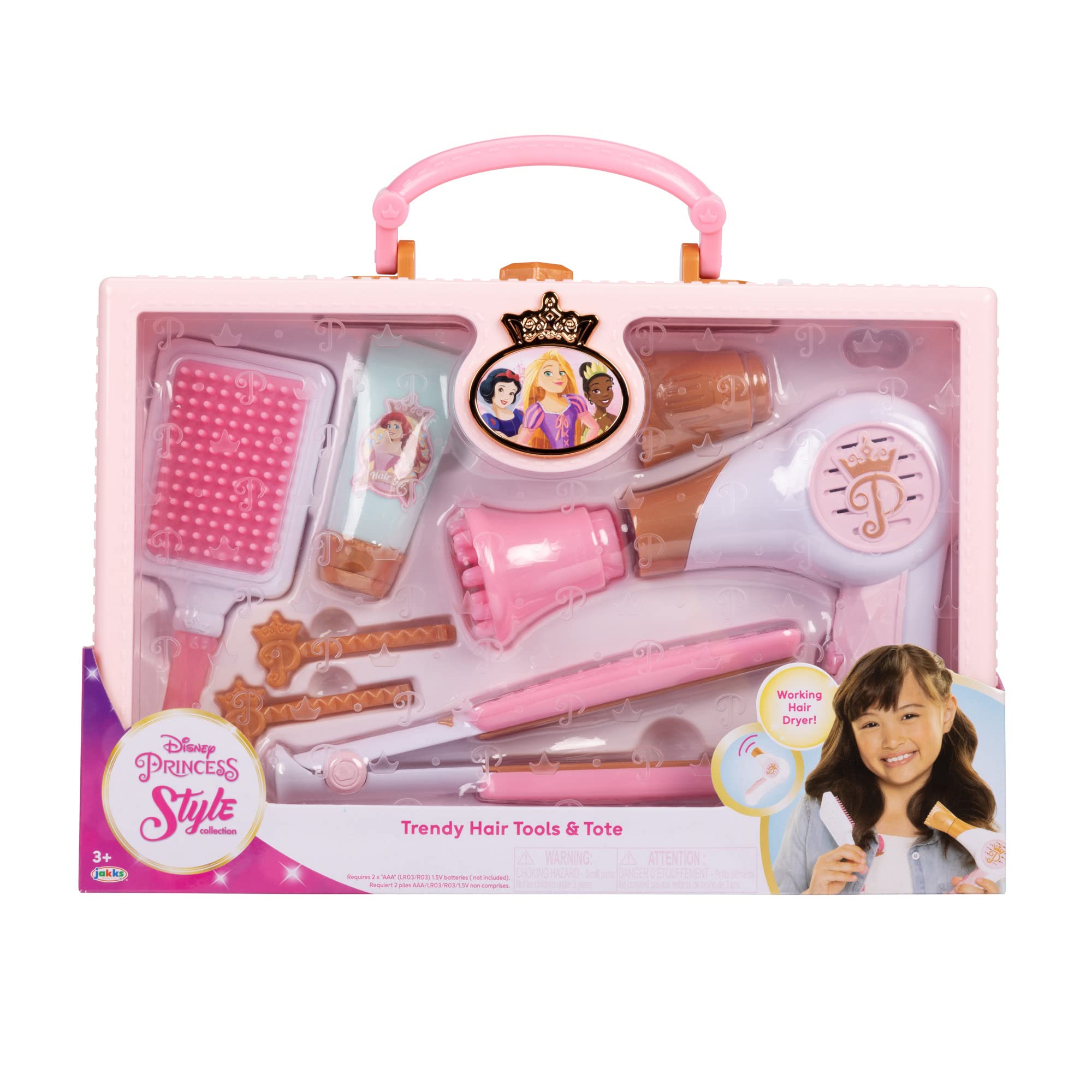 Disney Princess Style Collection Girls Trendy Hair Pretend Play Styling Tools with Sound & Storage Tote for On-the-Go!
