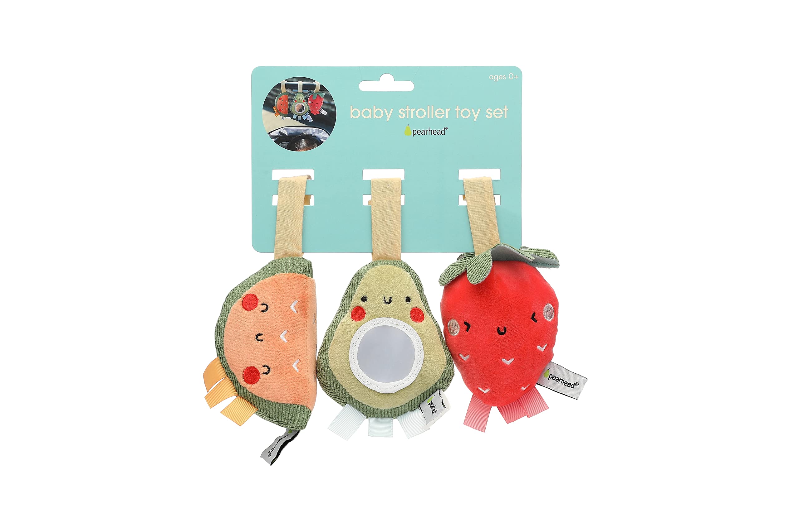 Pearhead Fruit Stroller Toys, Plush Corduroy Baby Travel Car Seat Toy Set, Baby Hanging Interactive Toys, Gender-Neutral Baby Travel Accessories, Strawberry Avocado Watermelon Set of 3