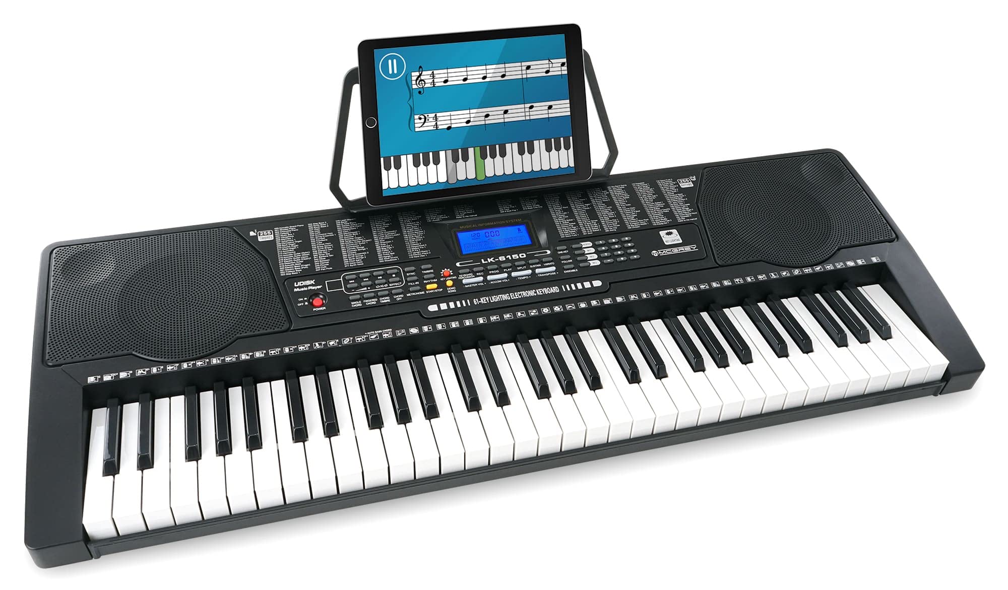 McGrey LK-6150 61 Tasten Keyboard Set - Einsteiger-Keyboard mit 61 Leuchttasten - 255 Sounds und 255 Rhythmen - integrierter MP3-Player - inkl. Ständer und Hocker - Schwarz
