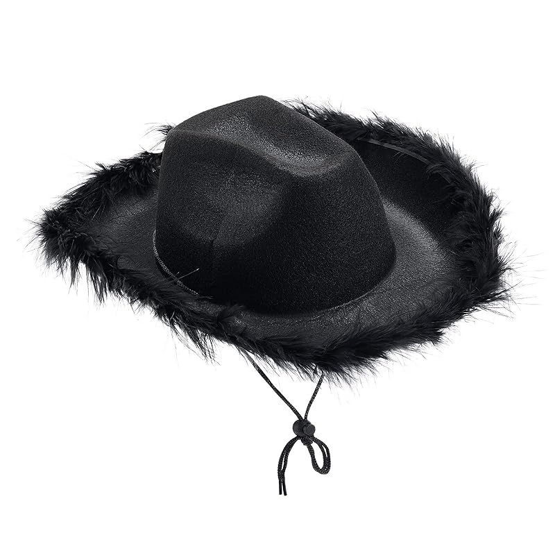 Burictin Cowboy Hat for Women Men Fluffy Fur Trim Felt Cowgirl Hat Adults  Extra Large Feather Hat Western Party Accessories