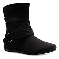 Olivia K Womens Low Heel Slouch Suede Slip On Casual Ankle Boots with Ring Buckle and Side Zipper