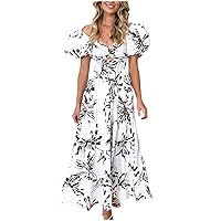 Hawaiian Style Tiered A-Line Dress Women's Off Shoulder Puff Sleeve Summer Beach Dress Knot Front Hollow Maxi Dress
