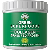 Greens Superfood + Grass Fed Collagen Peptides Powder - Ultimate Blend of Best Tasting Green Superfood with Pure Pasture Raised Hydrolyzed Protein Powder for Skin Hair + Joint Health