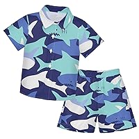 Sharks Boys Hawaiian Shirts T-Shirt Shorts Set Button Down Short Sleeve Summer Beach Set Suit,3T