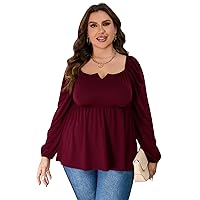 Plus Size Tops for Women Plus Size Shirts Women Notched Neck Puff Sleeve Blouse Casual Plus Size Womens Tops Burgundy 1XL