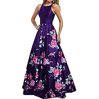 Womens Long Floral Prom Dress 2019 Sleeveless A-Line High Neck Evening Formal Ball Gown Open Back