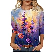 Womens 3/4 Length Sleeve T Shirt Loose Fit Plus Size Crewneck Tops Casual Tees Fashion Summer Flower Graphic Blouses