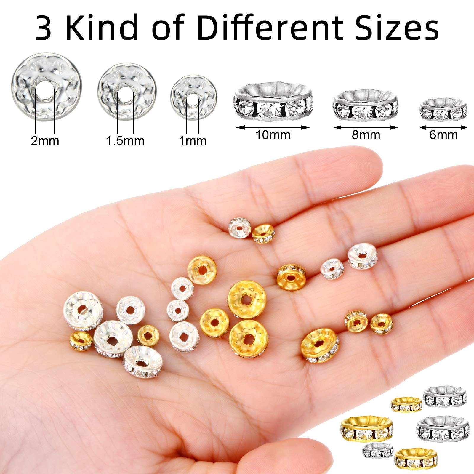 800 Pieces Round Rondelle Spacer Beads Crystal Rhinestone Loose Bead Rondelle Charm Beads 6 mm 8 mm 10 mm for Necklaces Bracelets Jewelry Making (Silver)