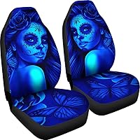 Calavera (Day of The Dead/Dia De Los Muertos) Halloween Design #2 (Blue) Microfiber Car Seat Covers/Protectors - Universal Fit (Set of 2)