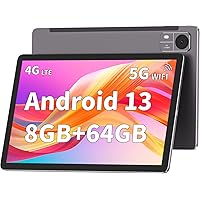 10 inch Tablet Android 13 Tablet, 8GB+64GB 1TB Expand Octa-Core Processor, 1280x800 IPS, Cellular Tablet with 4GLTE, GPS, 6000mAh, 2.4G/5G WiFi, 8MP+13MP Dual Camera, BT5.0