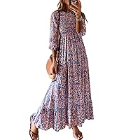 miduo Womens Smocked Crewneck Long Sleeve High Waist Floral Maxi Long Floor Length Dresses