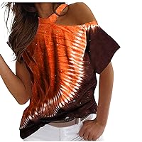 Women's Fashion Tie-Dyed Tops Sexy One Shoulder Loose Shirt Casual Short Sleeve Blouse Plus Size