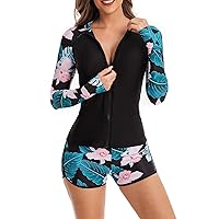 ECUPPER Womens Long Sleeve Two Piece Swimsuits Zip Front Swim Shirt and Shorts Surfing Rash Guard Bathing Suit Built in Bra