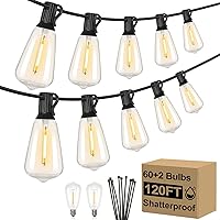 120FT Outdoor String Lights Waterproof, ST38 Patio Lights with 62 Shatterproof Vintage Edison Bulbs, 2700K Dimmable LED Outside Lights String, Connectable Hanging Lights for Porch Yard Garden Balcony