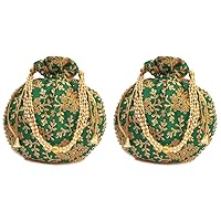 Indian Embroidered Green Potli Bag with Pearls Handle Purse Party Wear Ethnic Clutch for Women Combo of 2