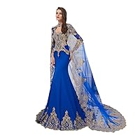 Women's Vintage Satin Long Sleeves Evening Dress with Veil Lace Appliques Beaded Mermaid Formal Prom Gowns Royal Blue