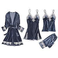 Andongnywell 4PC Women's Sexy Pajamas Set 4pcs Velvet Pajama Sets Cami Top Nightgown Lace Sleepwear Dress Robe Pants Sets