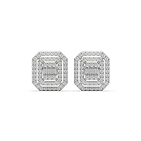 1.68TCW D Color Round And Baguette Cut Moissanite Diamond 10K White Gold Double Halo Emerald Shape Friction Back Stud Earring For Girls