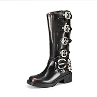 DREAM PAIRS Women's Knee High Riding Boots Slip On Motorcycle Boots Square Toe Chunky Heel Fashion Buckles Biker Boots